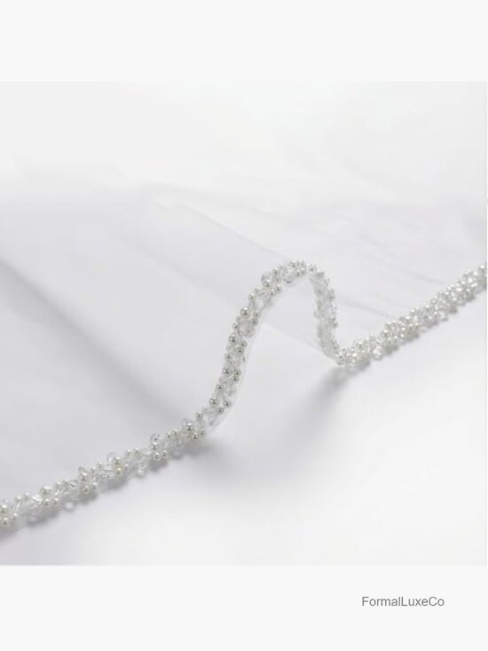 Beaded Fingertip Wedding Veil Hand-Sewn Pearls Crystals Tulle One Tier Chapel main image 6